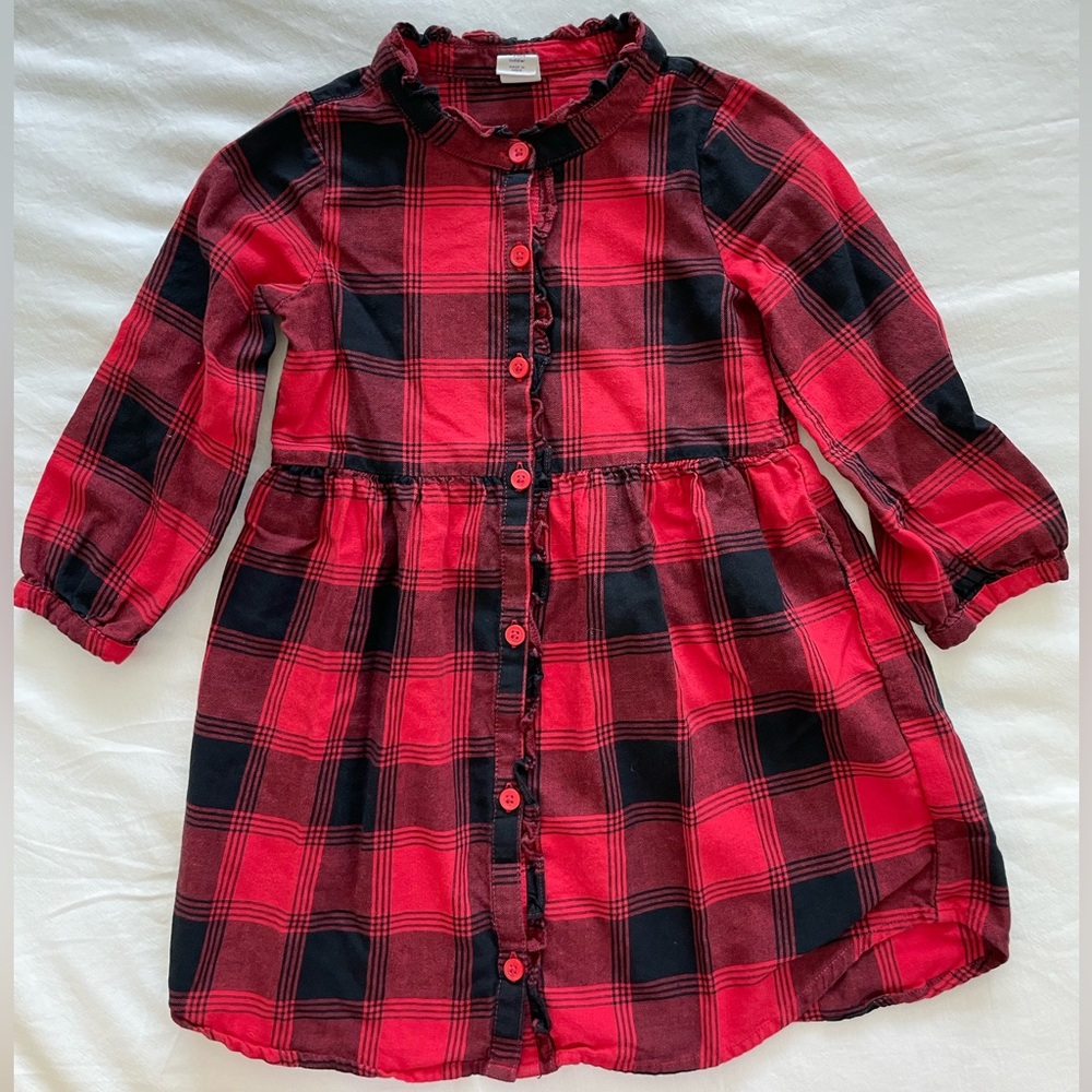 Red/black plaid button down dress with ruffle collar